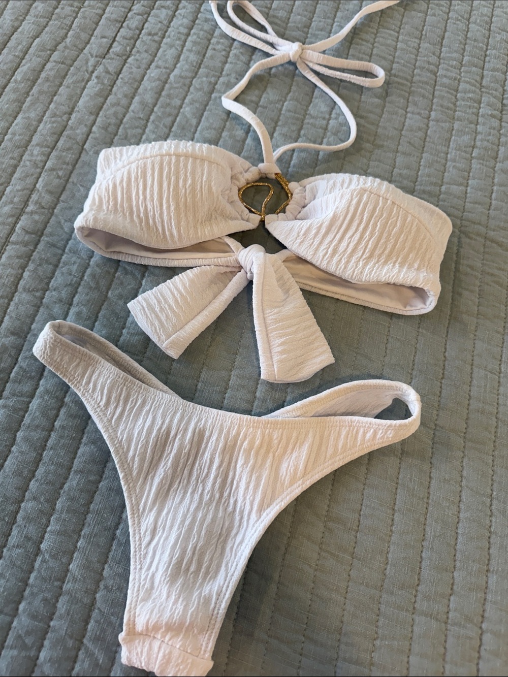 Textured White Bandeau Bikini Set with Gold Ring